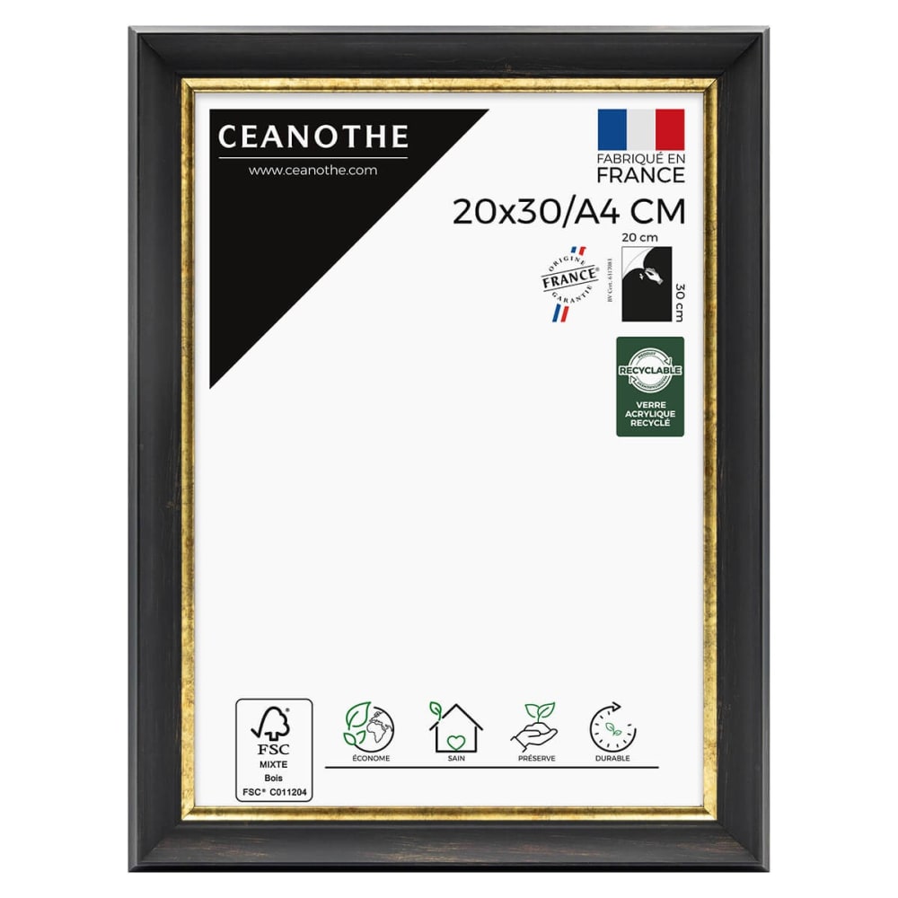 Cadre photo noir et finition doré 20x30/A4 cm résine recyclée