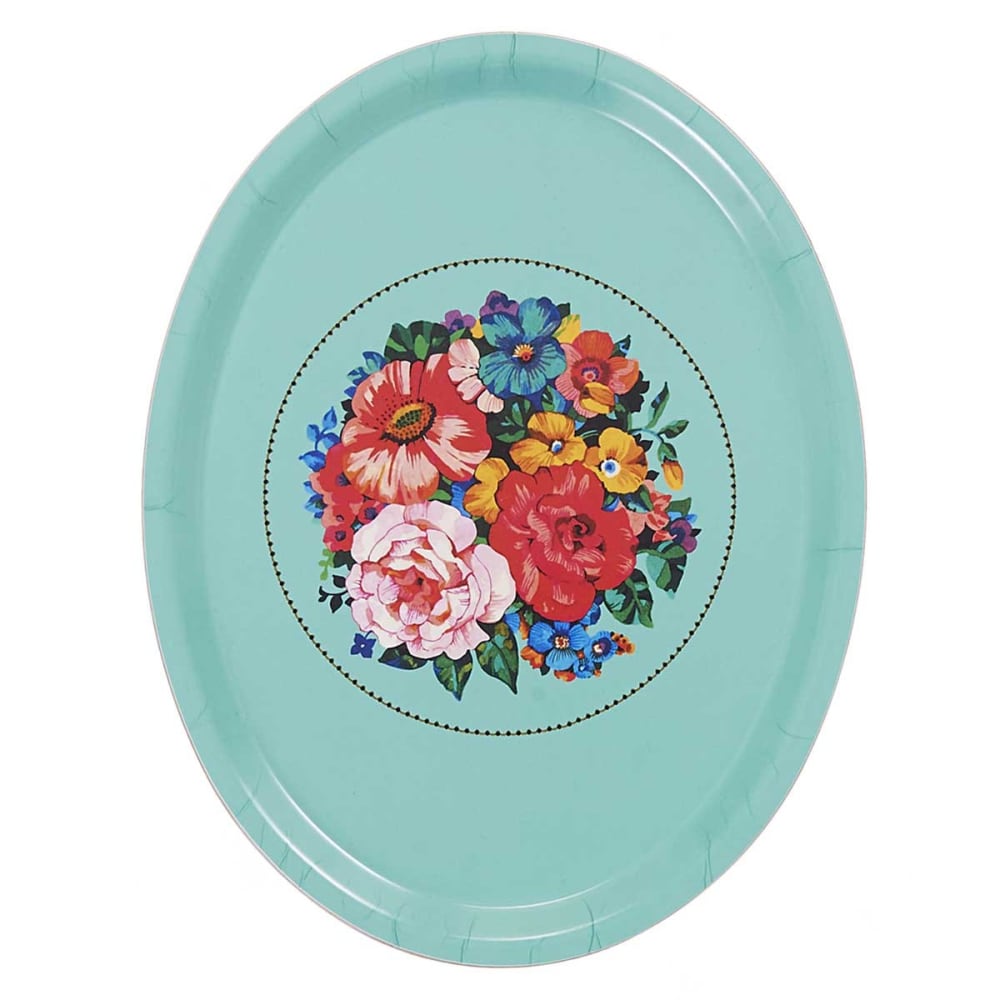 Plateau ovale 33x25 cm en feuilles de bois motif fleuri turquoise