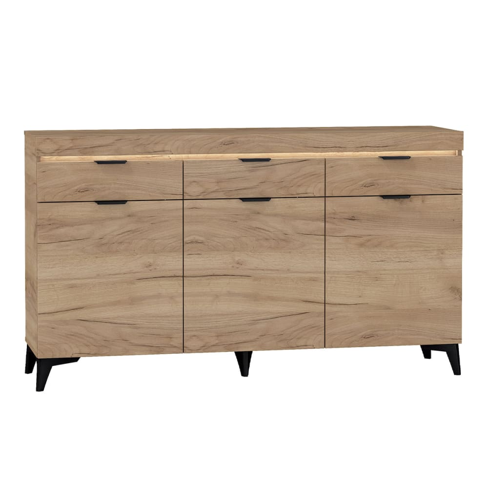Petits meubles Buffet 3 portes 3 tiroirs led inclus panneaux stratifiés marron Beige Panneau De Particules - 157x90x40cm