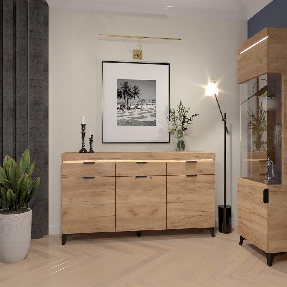 Buffet 3 portes 3 tiroirs led inclus panneaux stratifiés marron - Maisons du Monde