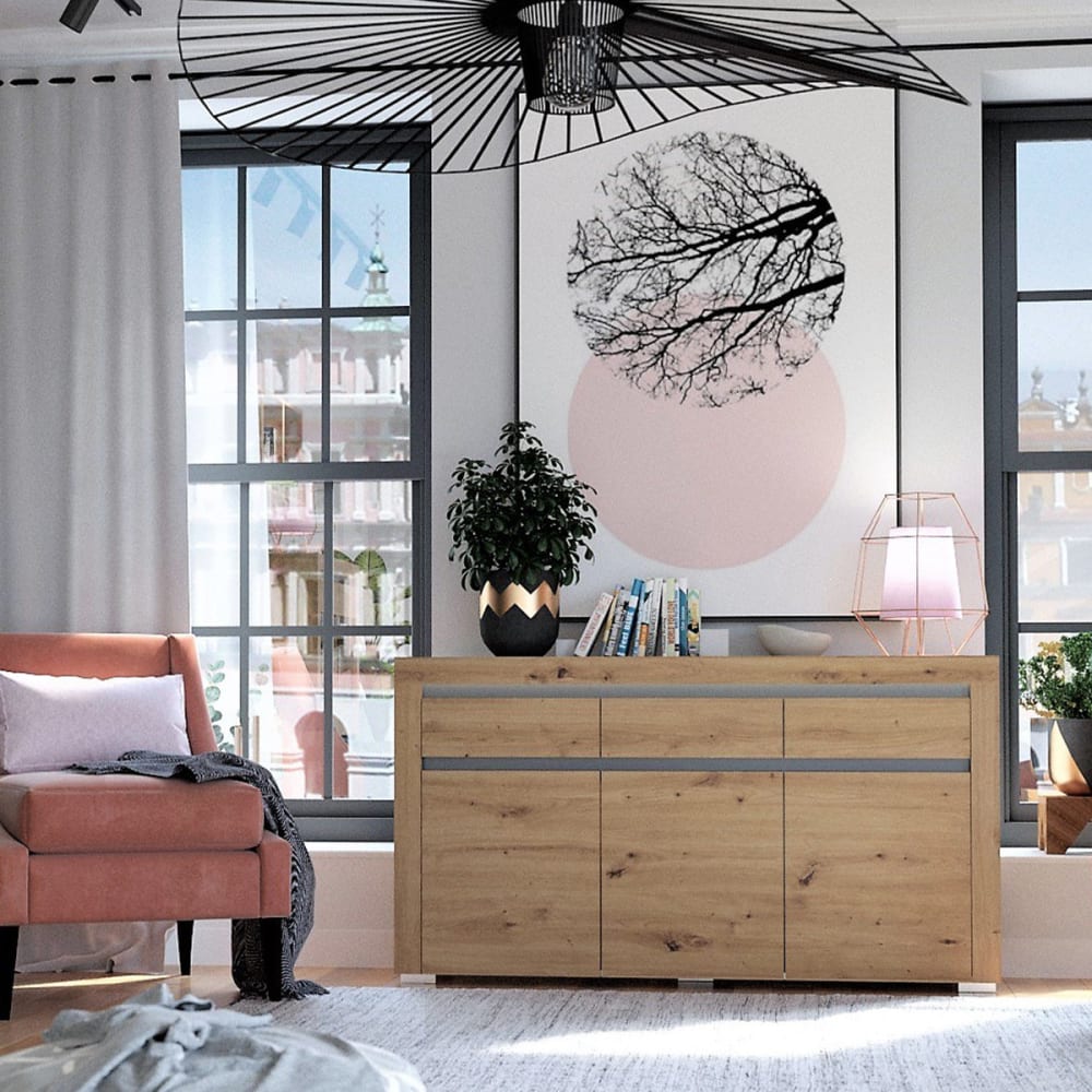 Buffet 3 portes 3 tiroirs led inclus panneaux stratifiés marron - Maisons du Monde