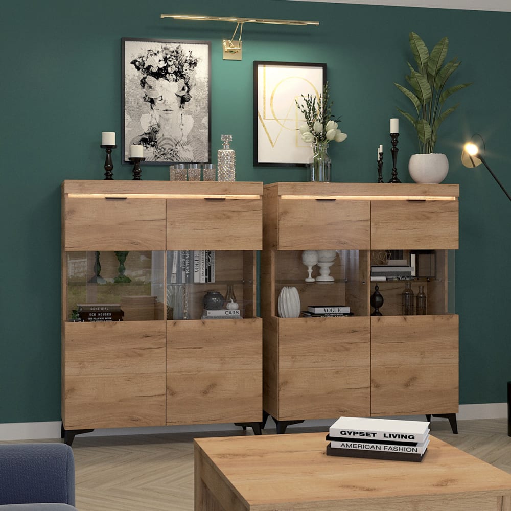 Geschirrschrank 2 Türen LED inkl Laminierte Platten Holz -