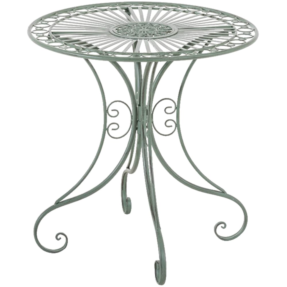 Table de jardin avec plateau rond en metall vert antique Table de jardin avec plateau rond en metall vert antique