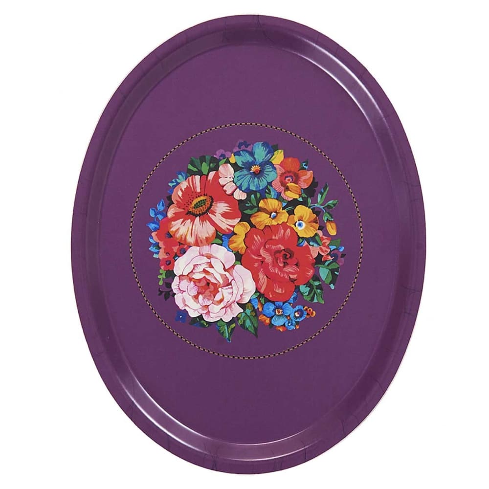 Plateau ovale 33x25 cm en feuilles de bois motif fleuri violet