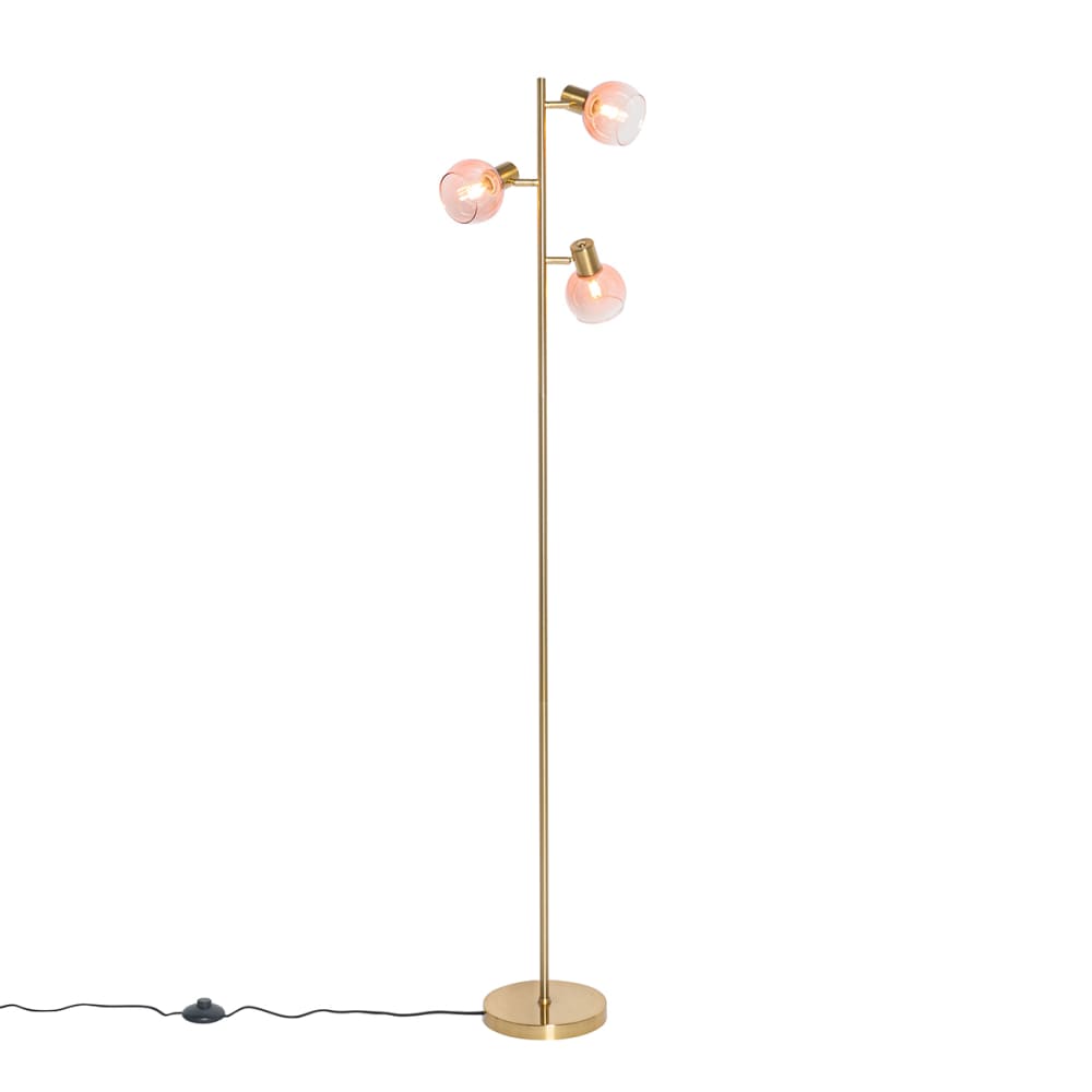 lampara de pie art deco dorada con cristal rosa 3 luces