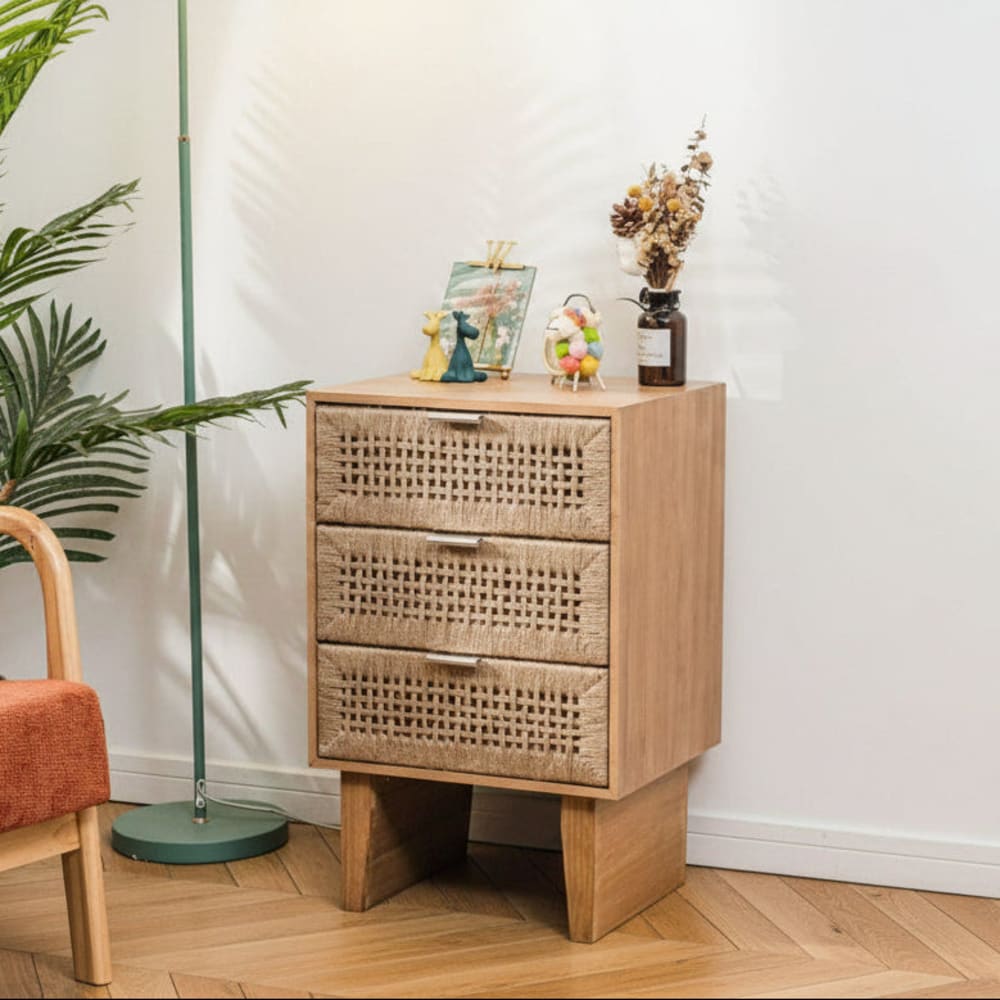 Cajonera con 3 cajones en madera y cuerda