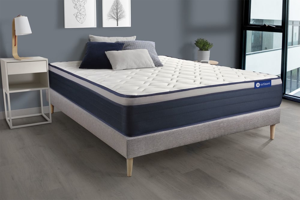 Somier gris + colchón con muelles y viscoelástica 150 x 190 - Maisons du Monde