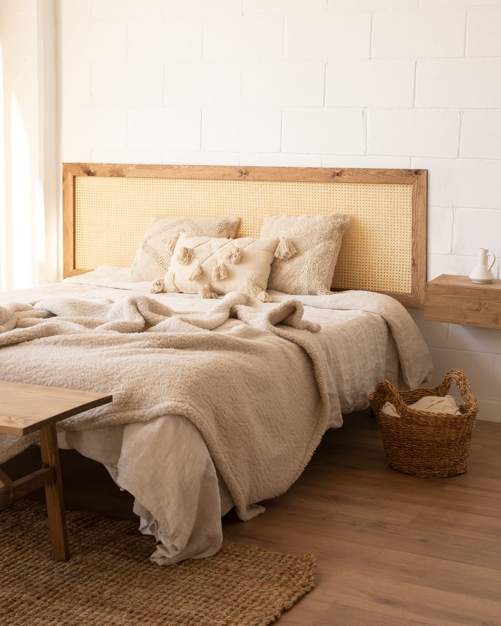 Tête de lit en bois de pin et cannage couleur vieilli 200x60cm