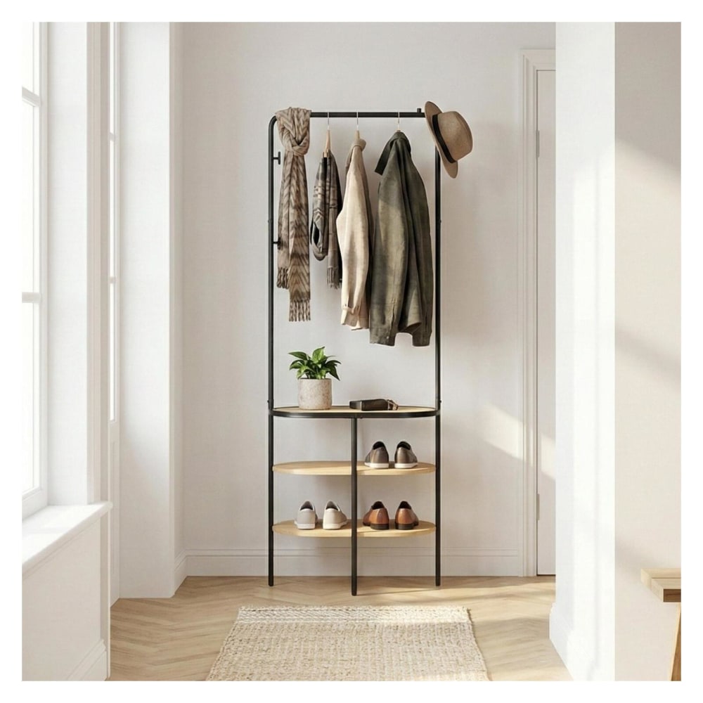 Portant d'entrée rond métal et bois 60x180cm