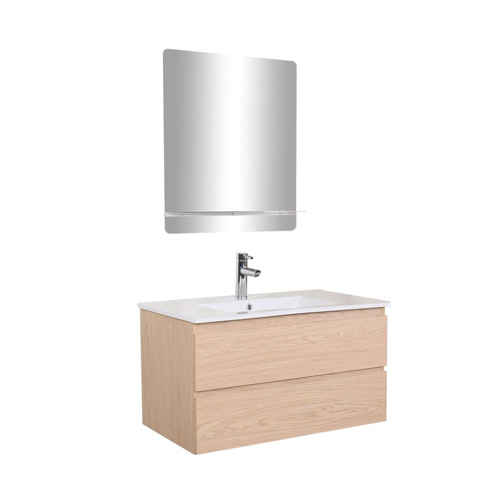 Meuble simple vasque 80cm décor chêne  + vasque+robinet chromé+miroir