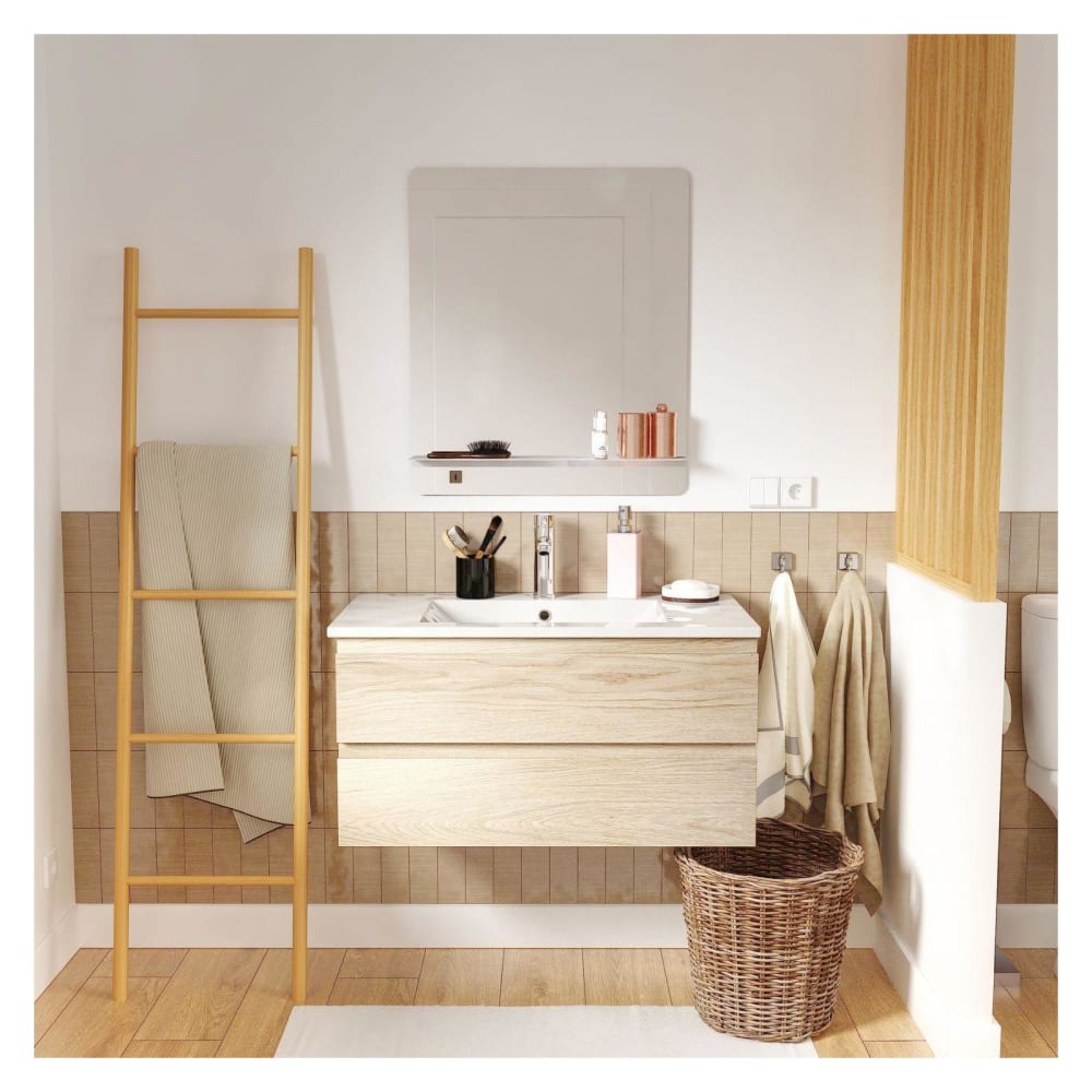 Meuble simple vasque 80cm décor chêne  + vasque+robinet chromé+miroir