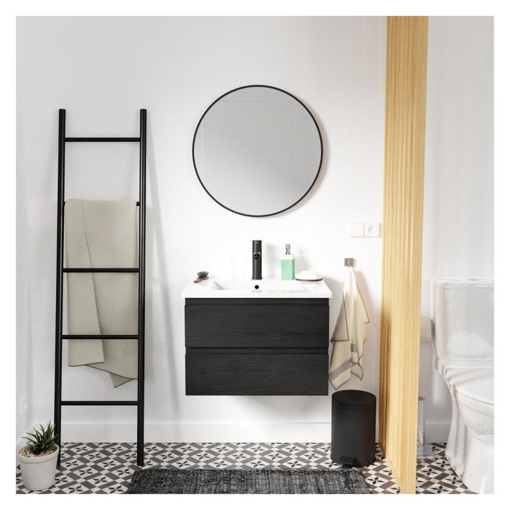 Meuble simple vasque 60cm  Noir + vasque + robinet noir + miroir