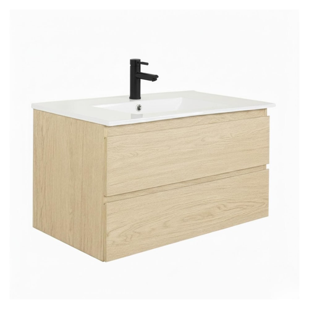 Meuble simple vasque 80cm décor chêne  avec vasque et robinet
