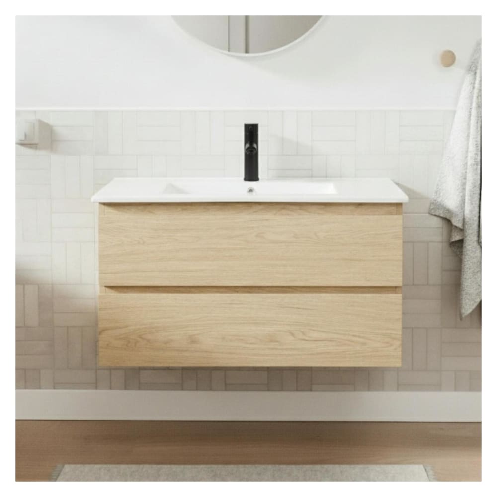 Meuble simple vasque 80cm décor chêne  + vasque + robinet noir