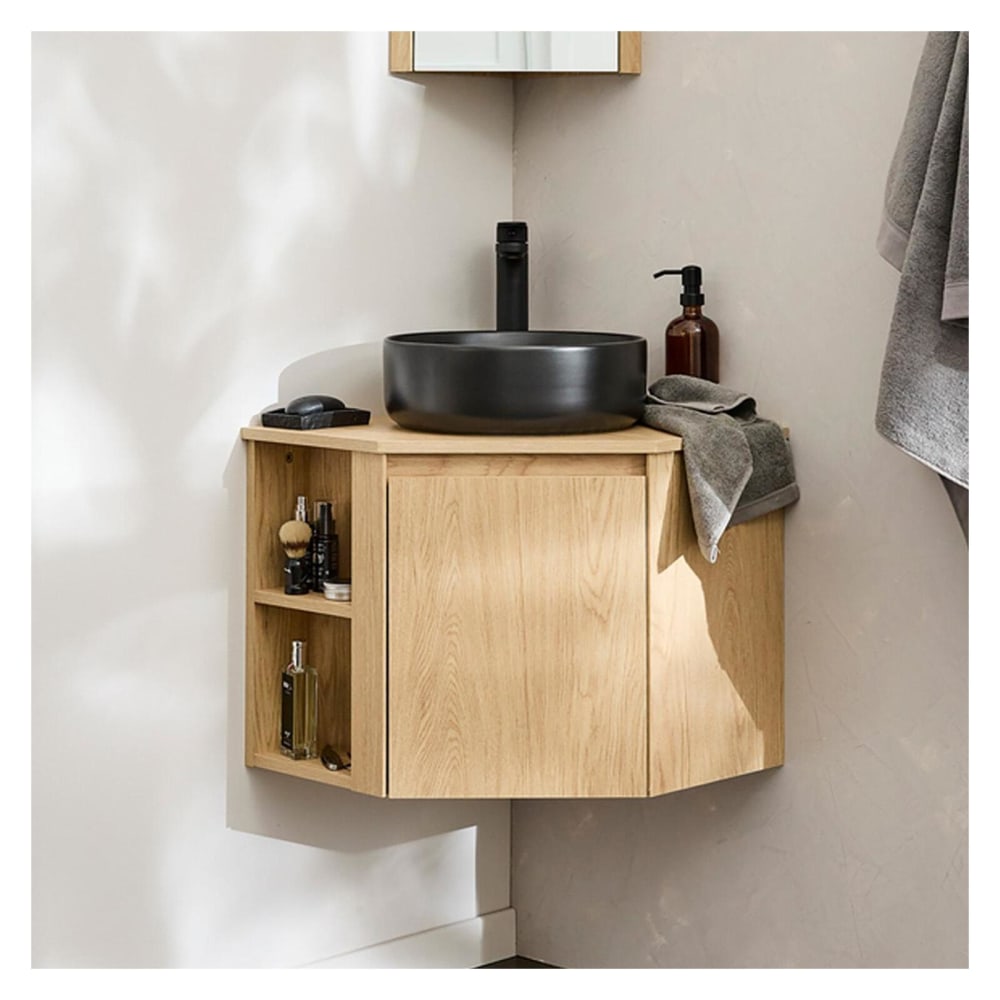 Ensemble meuble sous vasque d'angle  + vasque noire + robinet