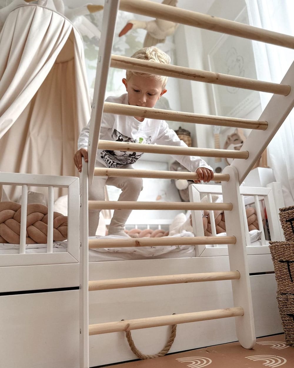 Casa grande con scala pieghevole per bambini bianco, tenda