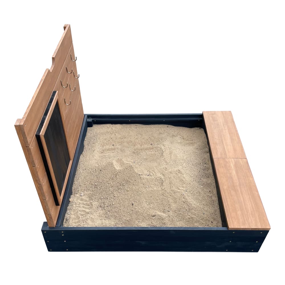 Sandkasten aus FSC Holz mit Sitzbank, Stauraum & Deckel,