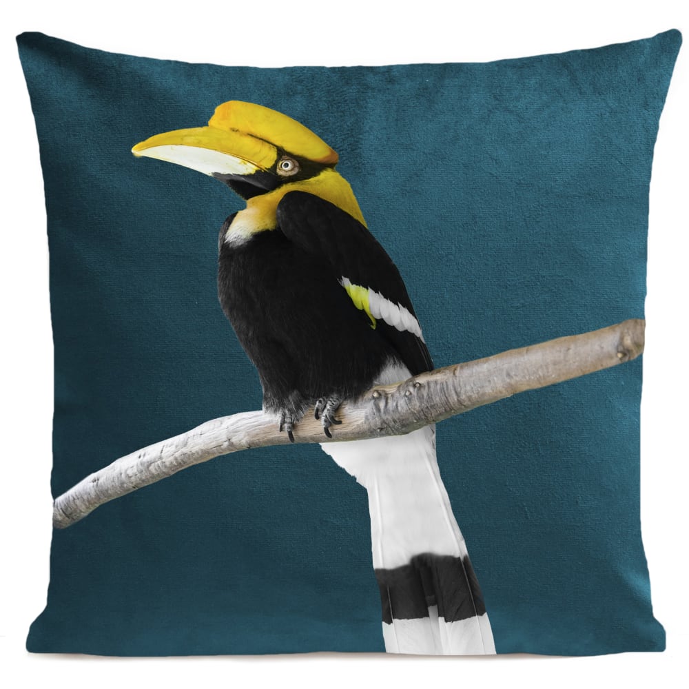 Coussin tropical oiseau calao suédine vert 40x40cm