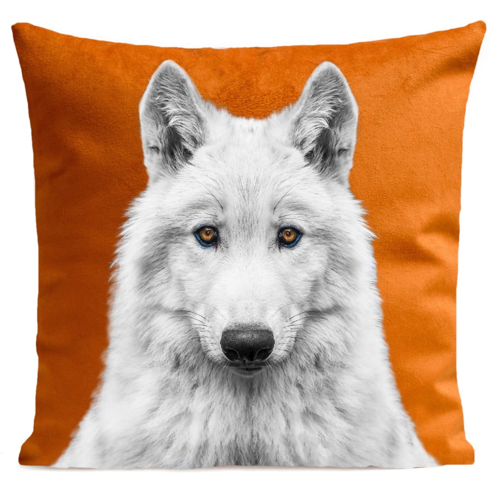Coussin loup animal orange suédine 40x40cm
