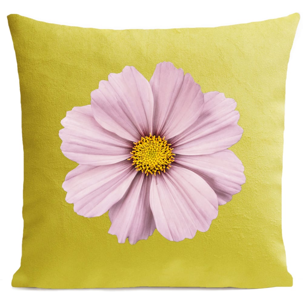 Coussin fleur rose suédine jaune 40x40cm