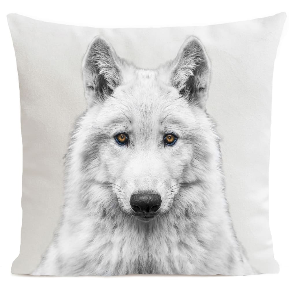 Coussin loup animal blanc suédine 40x40cm