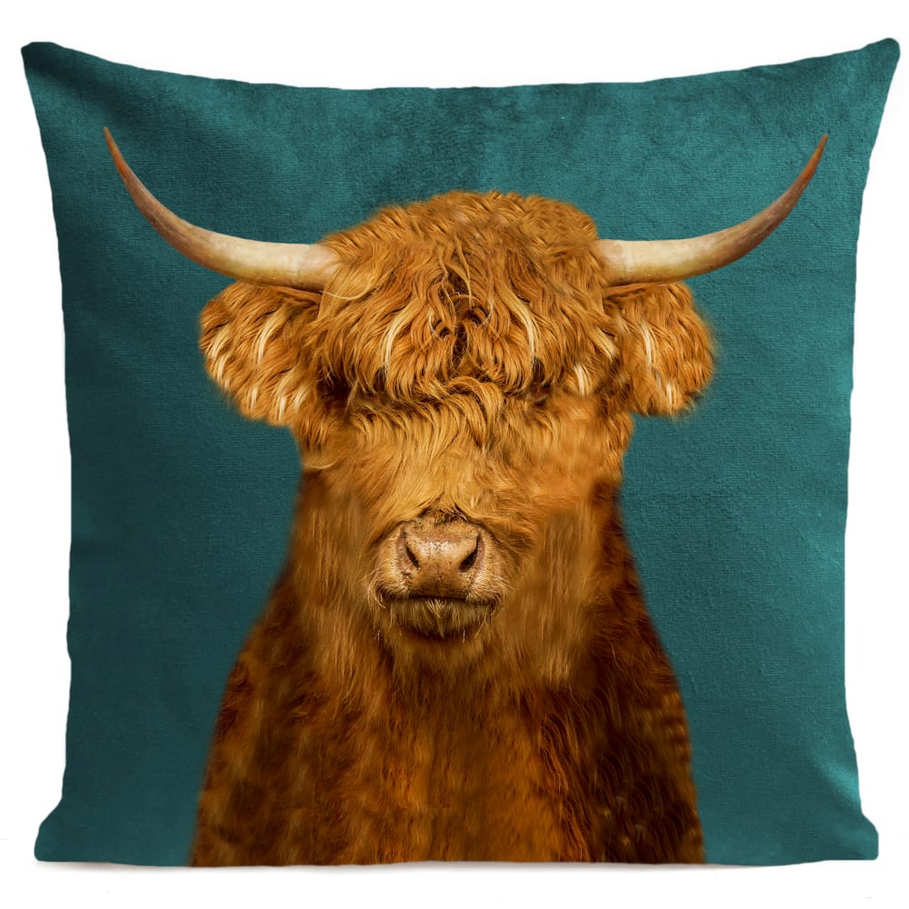 Coussin campagne vache des highlands vert 40x40cm