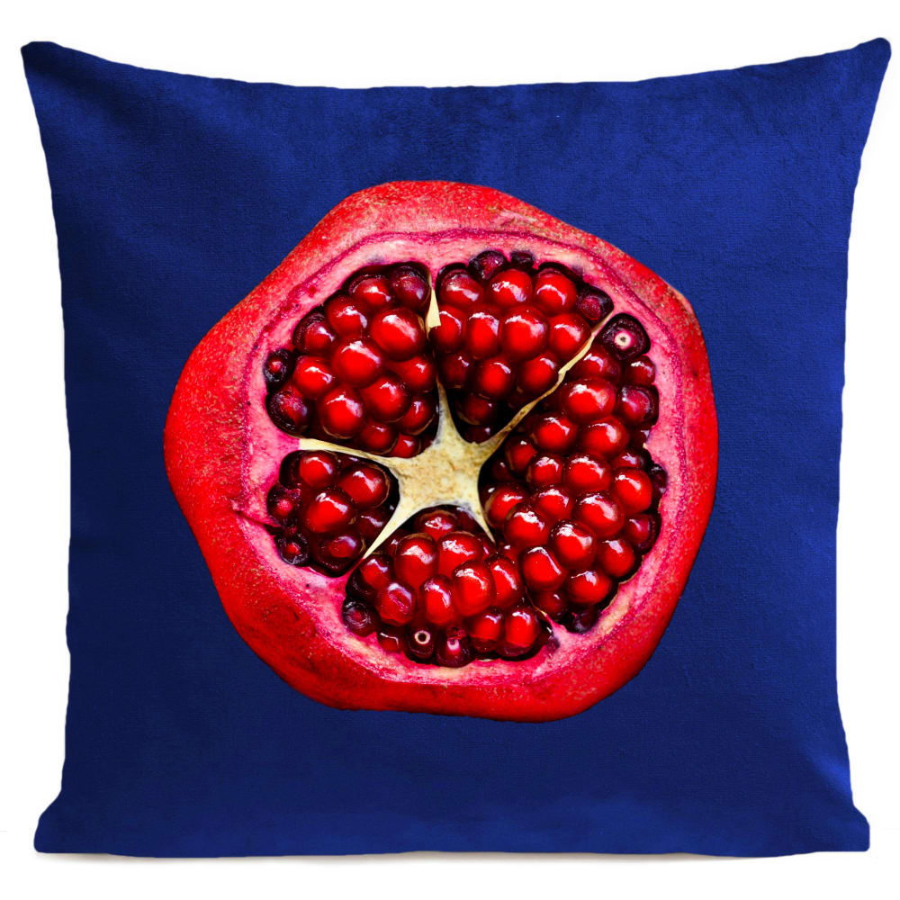 Coussin fruit végétal grenade suédine bleu 40x40cm