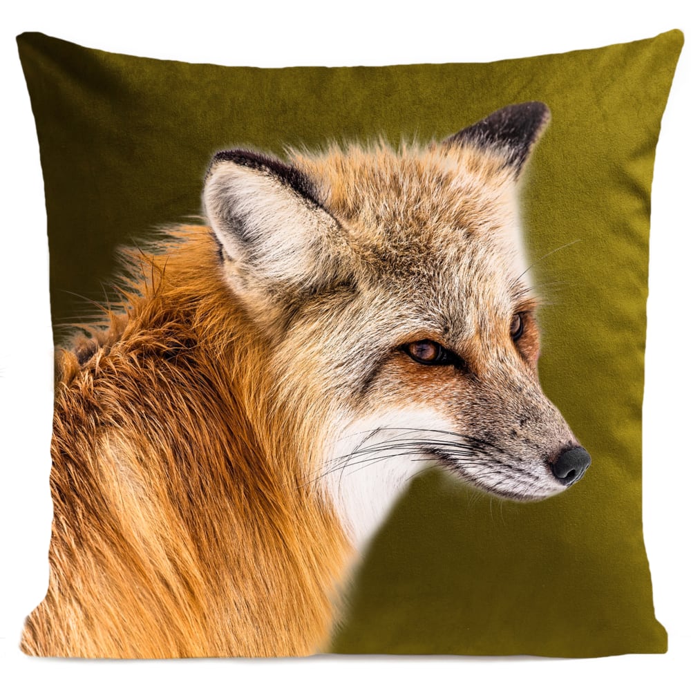 Coussin animal renard suédine vert 40x40cm