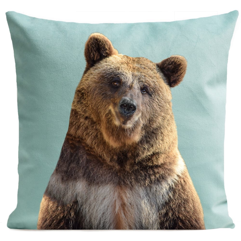 Coussin montagne ours suédine bleu 40x40cm