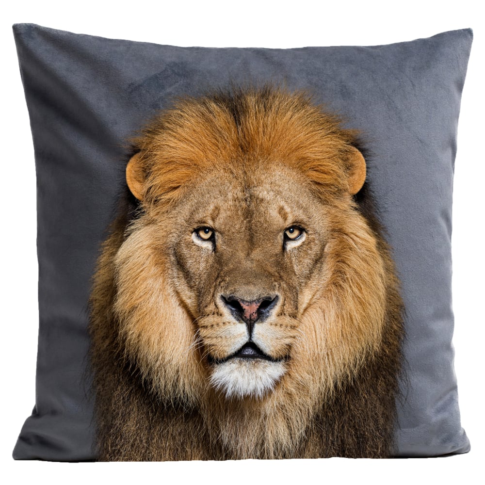Coussin animal lion suédine gris 40x40cm