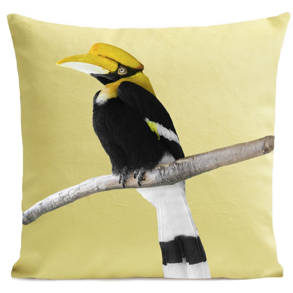 Coussin tropical oiseau calao suédine jaune 40x40cm
