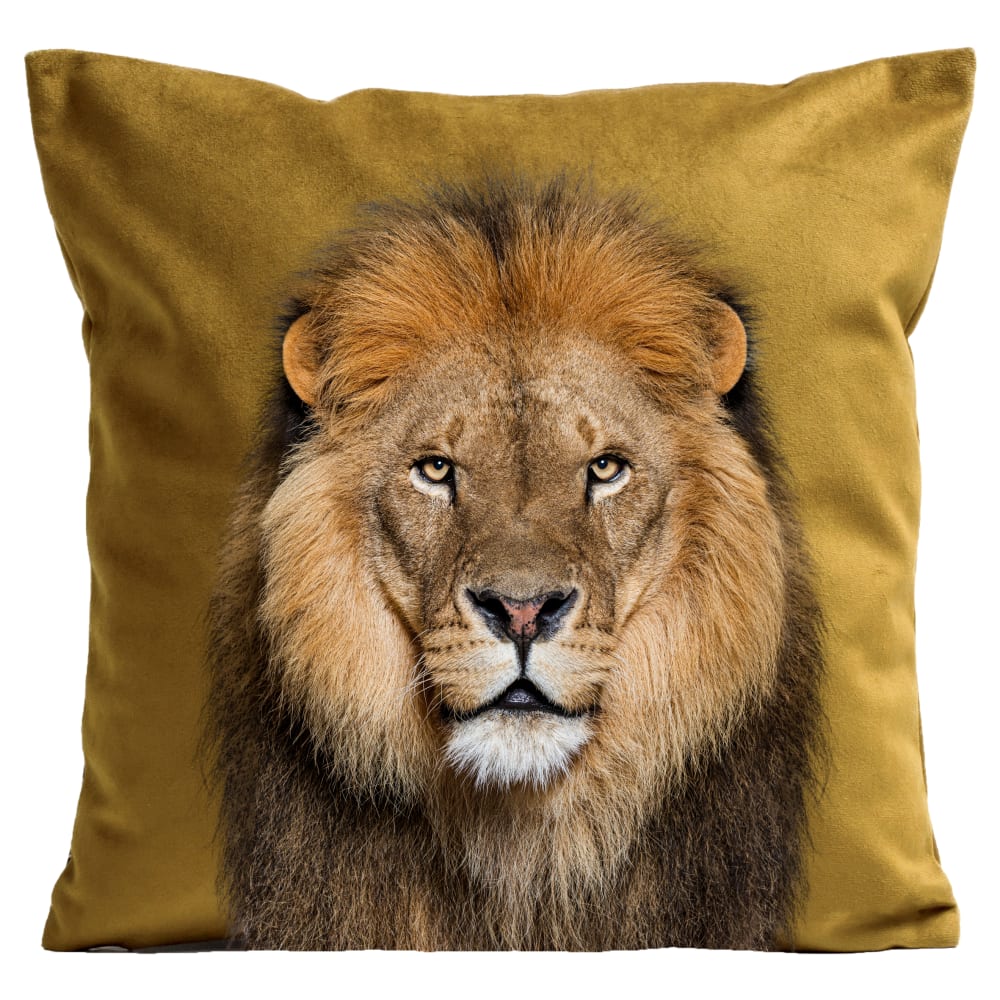 Coussin animal lion suédine jaune 40x40cm