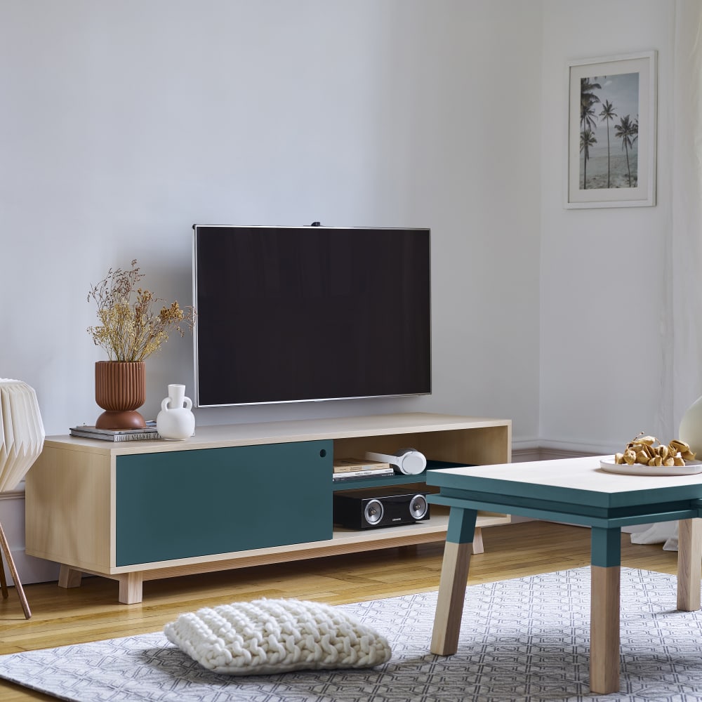 Meuble TV 1 porte coulissante 100 cm, en frêne