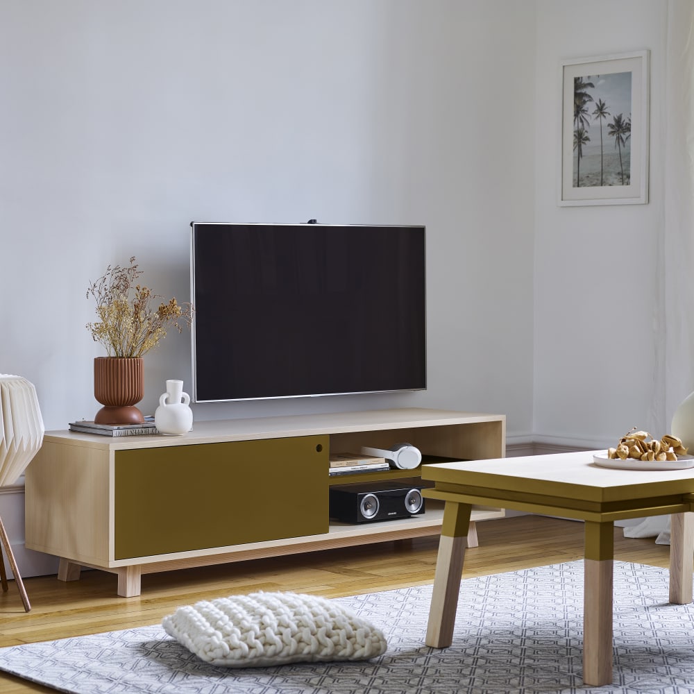 Meuble TV 1 porte coulissante 100 cm, en frêne