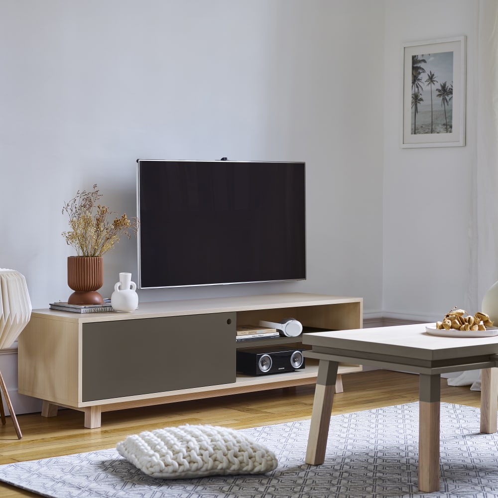 Meuble TV 1 porte coulissante 100 cm, en frêne