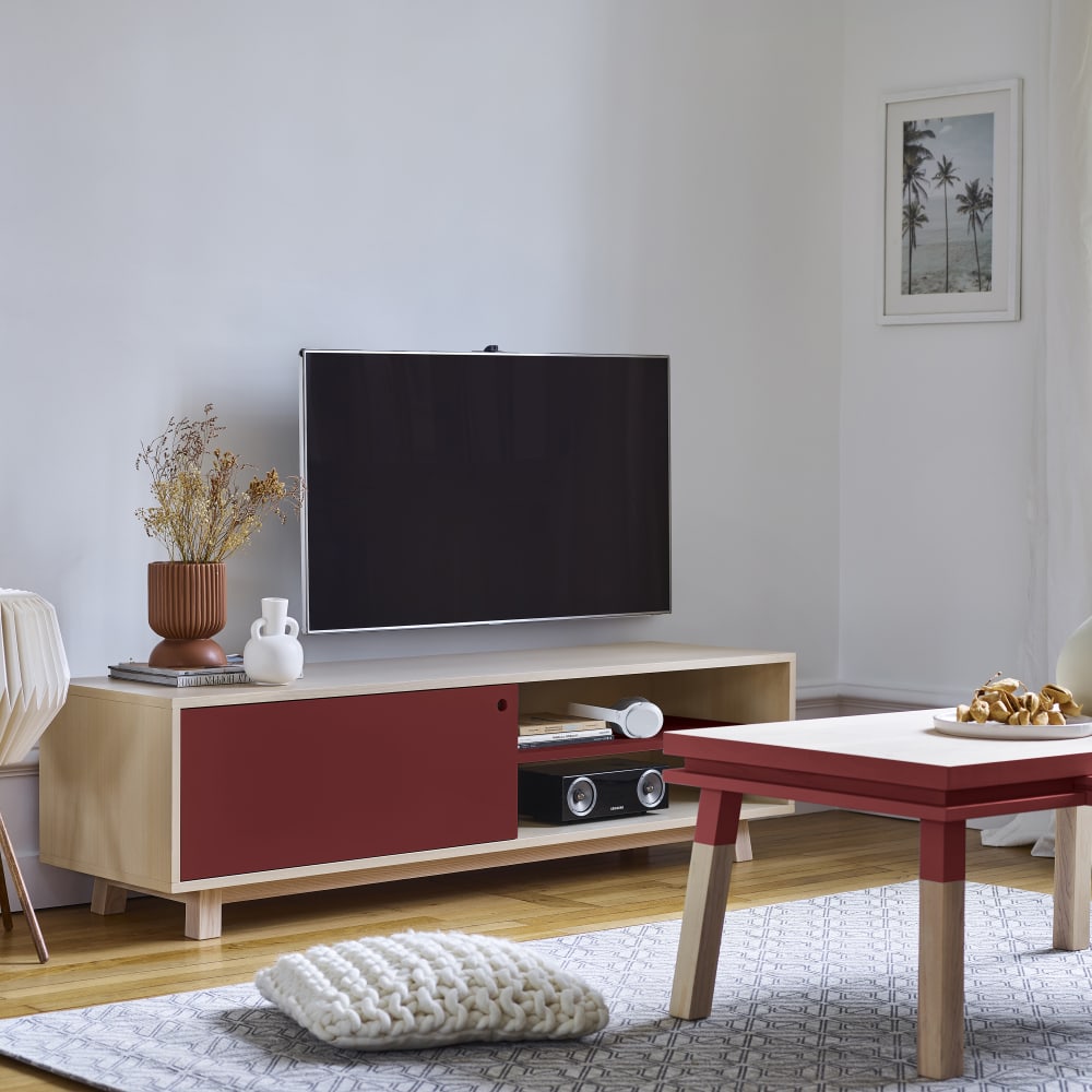 Meuble TV 1 porte coulissante 100 cm, en frêne
