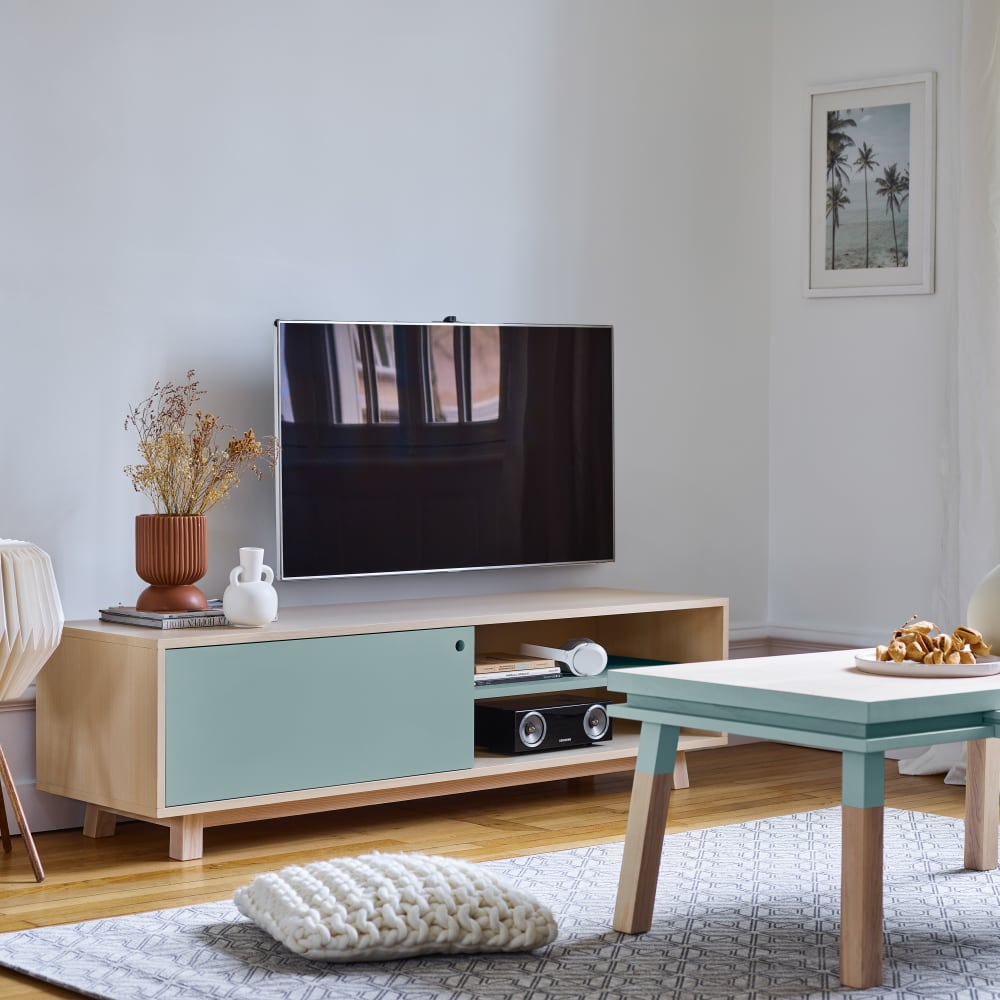 Meuble TV 1 porte coulissante 100 cm, en frêne