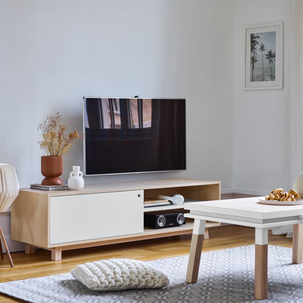 Meuble TV 1 porte coulissante 140 cm, en frêne
