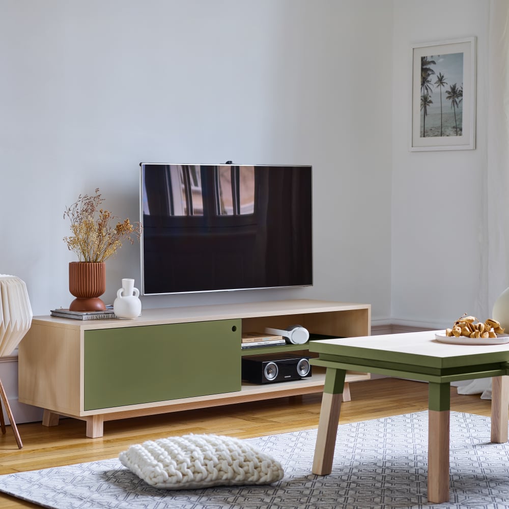 Meuble TV 1 porte coulissante 140 cm, en frêne