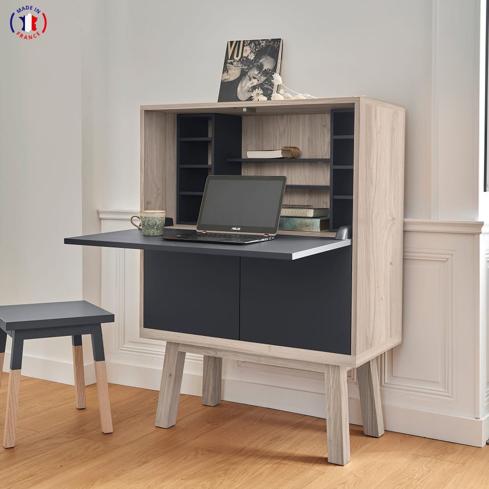 Bureau secrétaire avec rangement de 90 cm de large, en chêne