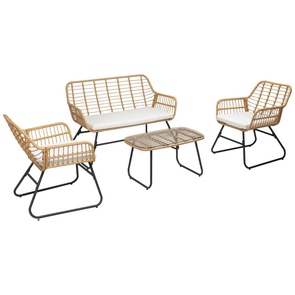 Salon de jardin 4 places en résine et coussins crème - Maisons du Monde