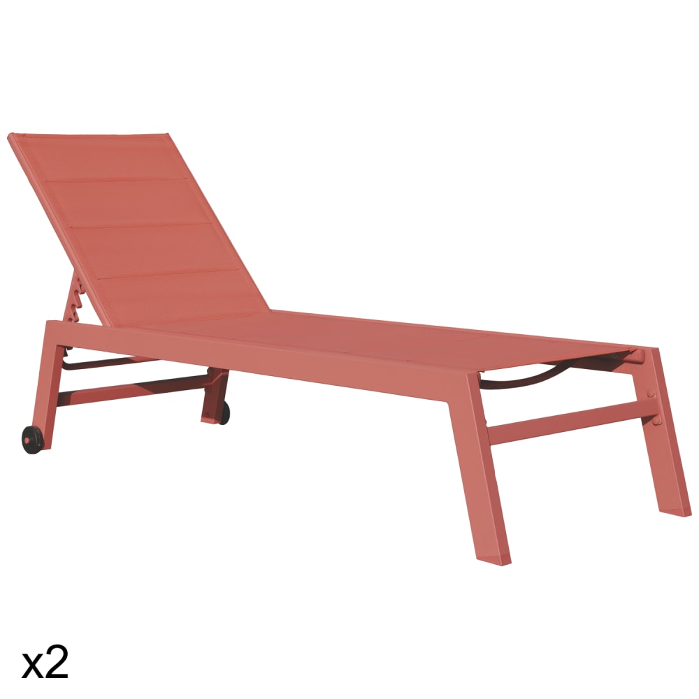 Lot de 2 bains de soleil en textilène et aluminium terracotta