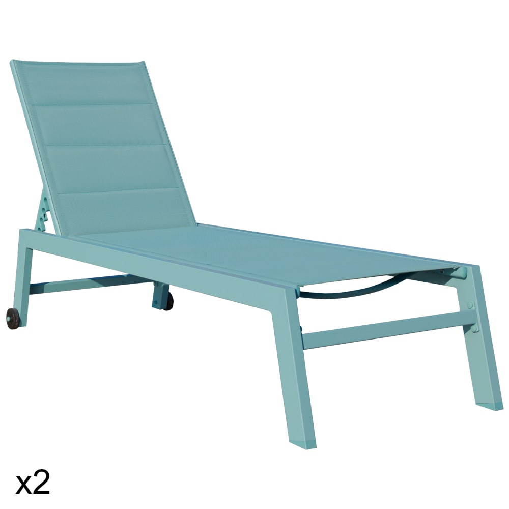 Lot de 2 bains de soleil en textilène et aluminium bleu clair