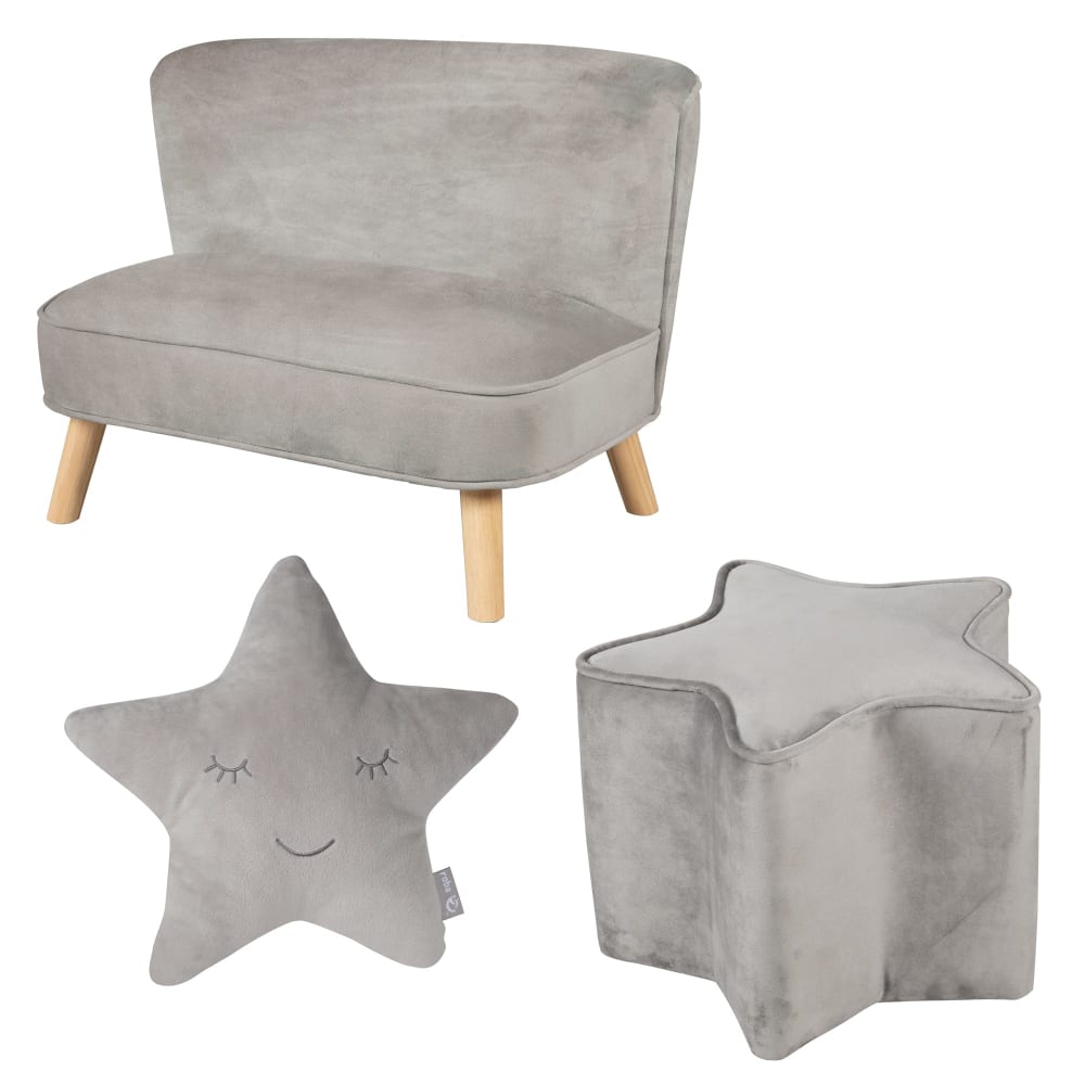 Canapé enfant scandinave + pouf et coussin en velours gris