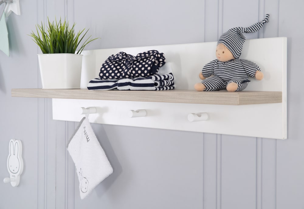 Wandregal, 1 Ablage, 5 Haken, Weiß/Luna Elm - Maisons Du Monde