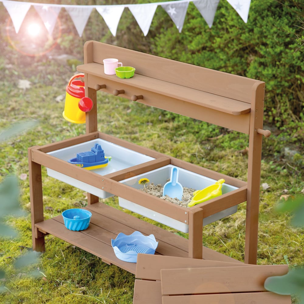 Cuisine de jardin pour enfant en bois teck avec 2 bacs de jeu