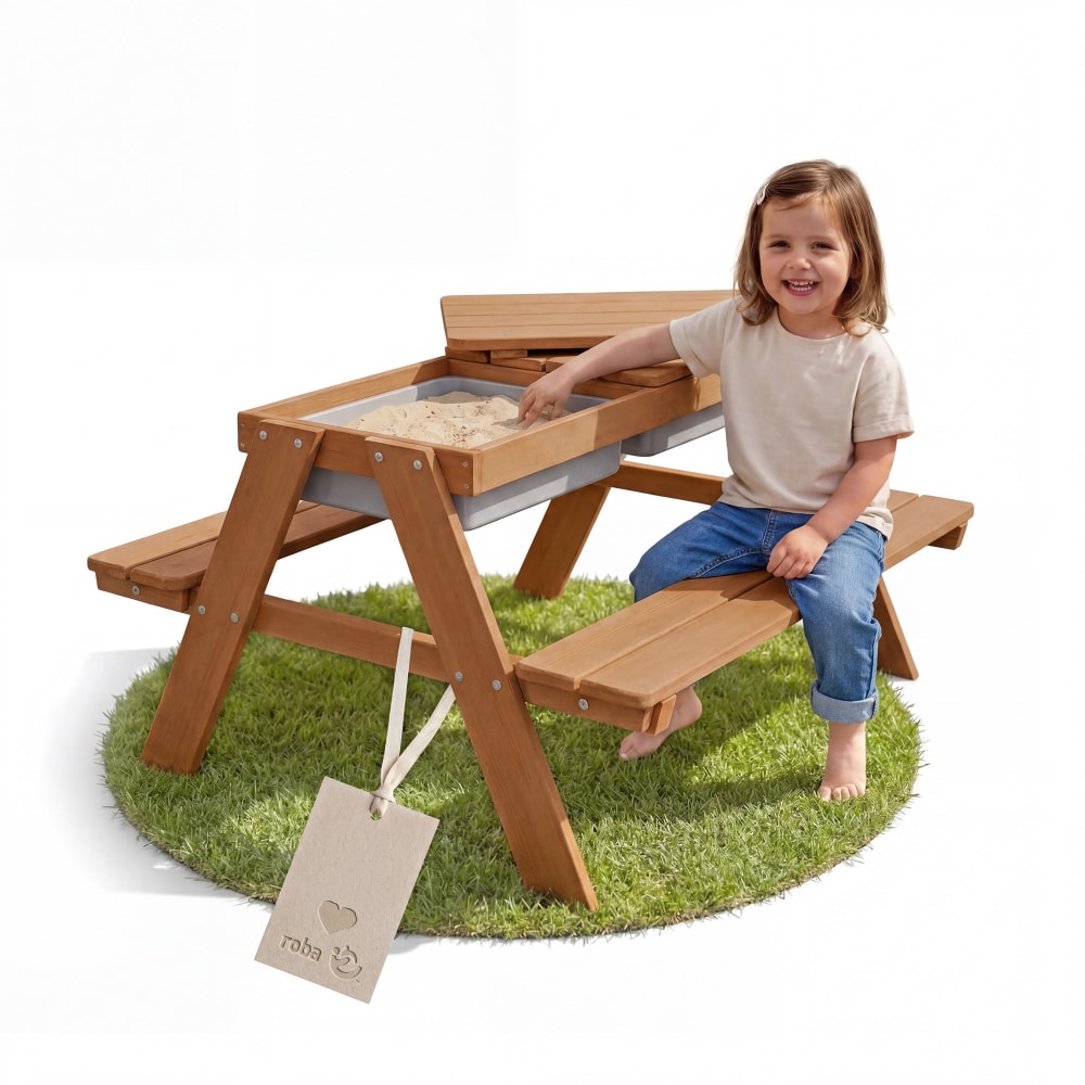 Table de pique-nique pour 4 enfants en bois teck avec 2 bacs Table de pique-nique pour 4 enfants en bois teck avec 2 bacs