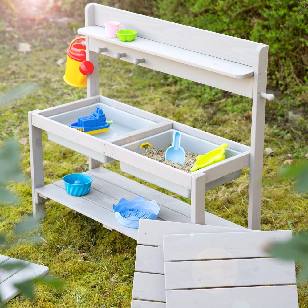 Cuisine de jardin pour enfant en bois gris avec 2 bacs de jeu