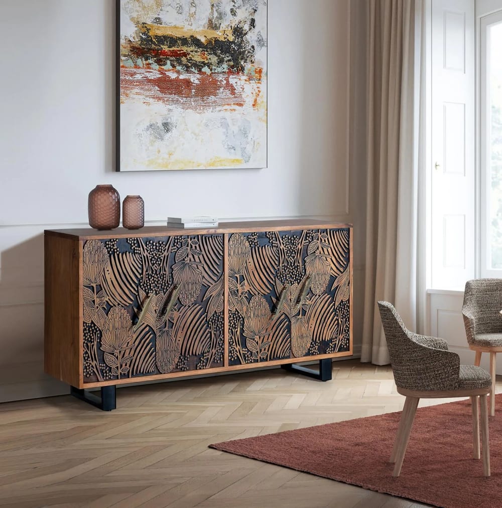 Credenza a 4 ante in massello di acacia intagliato a mano - GINER