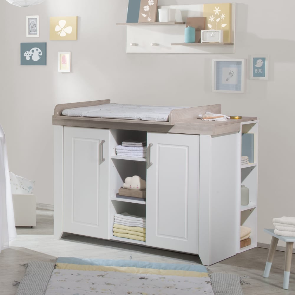 Commode à langer 2 portes 3 niches blanc et effet bois (Roba) - Image 1